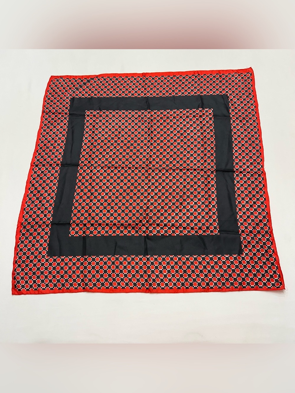 Vintage Silk Square Scarf Red/Black Geometric Print 27"x27"